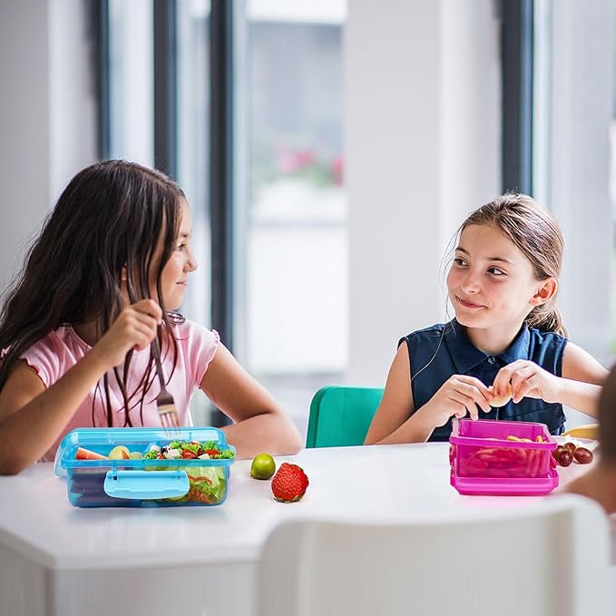 4 Pack Plastic Snack Containers with Lids, 2 Compartment Food Container for Kids Snack Box, Travel Bento Lunch Containers with forks for Fruits/Candies, Divided Food Storage Containers for School