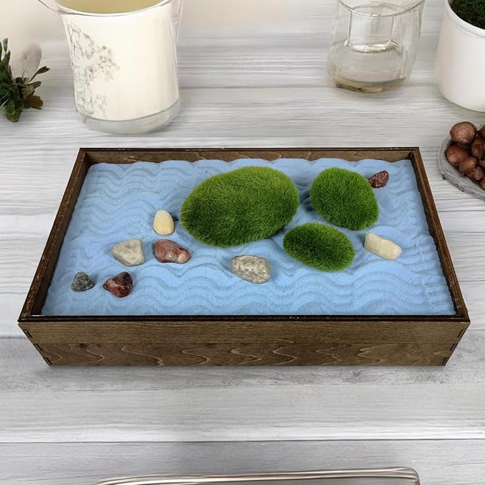 Wooden Stackable Zen Garden | Blue Oasis Sand with Rake & Accessories | Minimalist Decor Gift for Relaxation