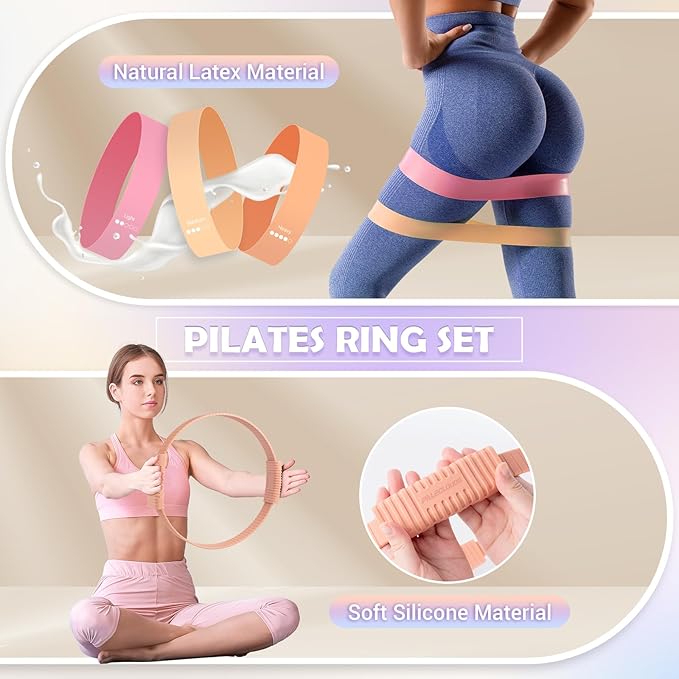 Pilates Essentials Kit for Women, 13.5" Pilates Ring and Ball Set with Resistance Bands for Home Workouts, Portable Pilates Kit with Bag & Training Poster for Full Body Exercise