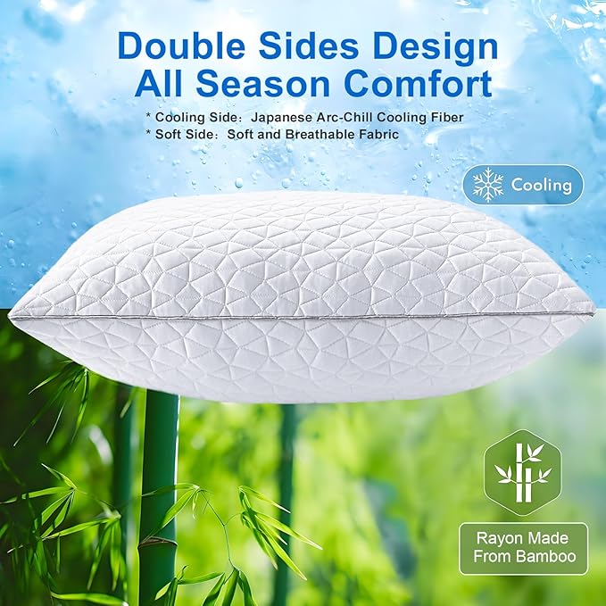 Cooling Pillows King Size Set of 4, Shredded Memory Foam Pillows, Adjustable Firm Bed Pillows Cool Cold Pillow for Hot Side Back Stomach Sleepers with Removable Washable Cover, 20" x 36", White