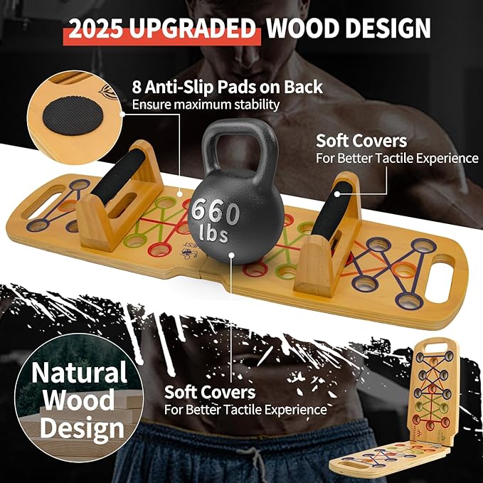 Wooden Portable Push up board, foldable fitness strength training pushup stand with solid bar grips, 2 handles for floor, professional push up training equipment for man and women