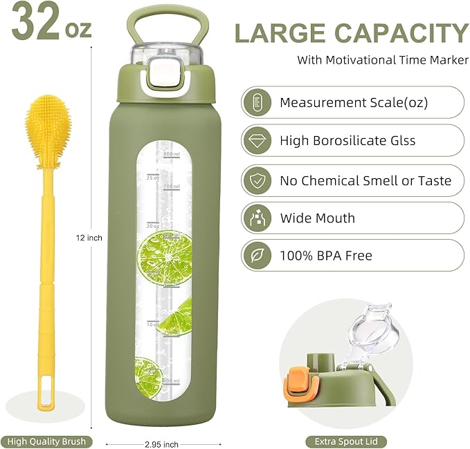 32 oz Glass Water Bottles with 2 Lids-Handle Spout Lid & Straw Lid, 1 Liter Motivational Borosilicate Water Bottle with Time Marker and Silicone Sleeve,Leakproof-Army Green-1 Pack