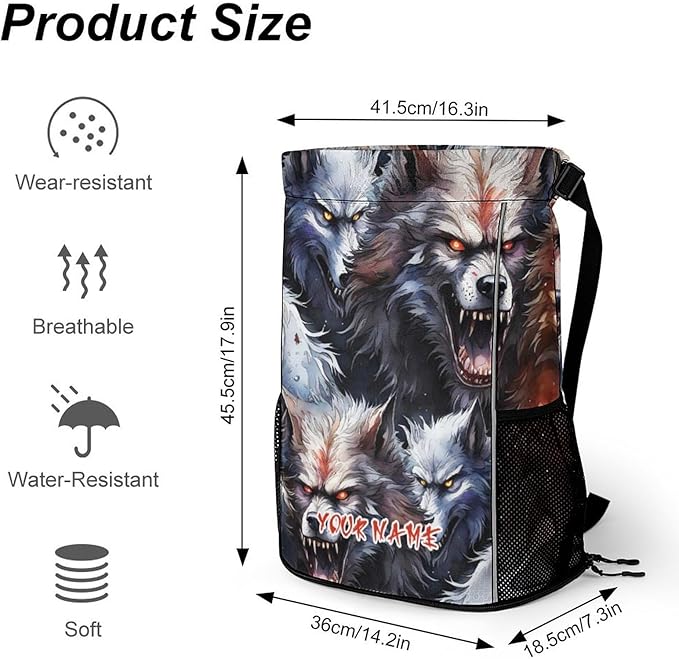 Custom Wolf Drawstring Backpack - Cute Cinch Sack, String Backpacks with Pocket for Women Men Kids Boys Girls for Gym Outdoor Sports Travel Athletic Drawstring Bag - Lightweight/Foldable