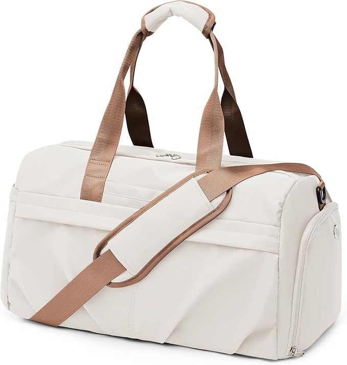 Gym Bag for Women Men with Shoe Compartment, Sport Duffel Bag, Waterproof Travel Weekender Overnight Carry on Bag for Yoga with Trolley Sleeve, Beige Brown