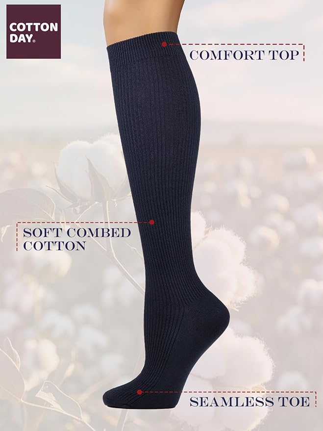 COTTON DAY Women's Soft Combed Cotton Knee High Long Calf Dress Socks Seamless Toe Black White Gray Navy Blue Brown
