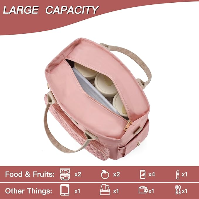 EASYA Large Women Lunch Bags for Work/Insulated Adult Lunch Box for Women/Durable Nylon Thermal Lunchbox for Womens/Leakproof Cooler Tote Bag with Storage Pocket (Shimmering blush pink Cotton Strap)