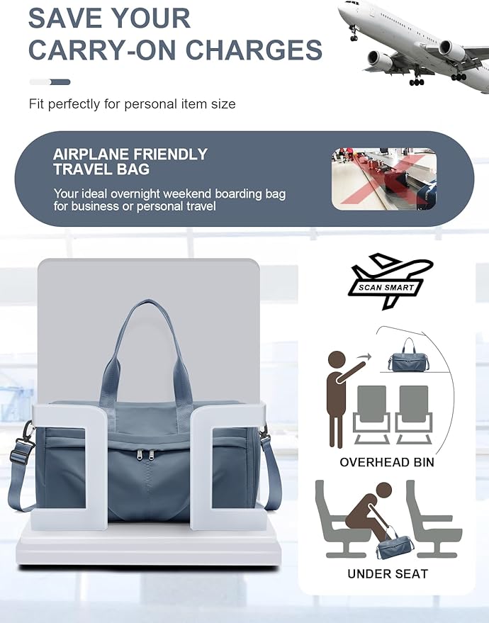 Gym Bag for Women Men with Shoe Compartment, Sport Duffel Bag, Waterproof Travel Weekender Overnight Carry on Bag for Yoga with Trolley Sleeve, Jewel Blue