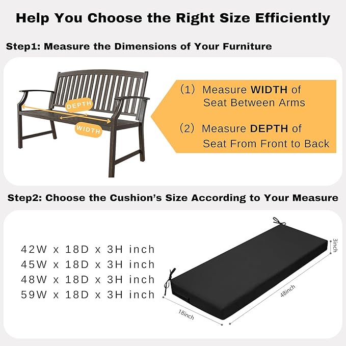 idee-home Outdoor Bench Cushions for Outdoor Furniture 48x18, Patio Loveseat Porch Swing Cushions Waterproof, Black