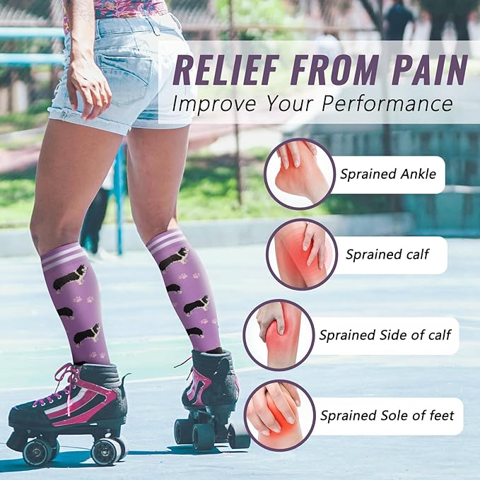 fenglaoda Compression Socks Women Men 4 Pairs, Knee High Support Socks for Running, Sports, Travel, Flight, Nurse