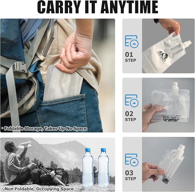 33oz Collapsible Water Bottles, 3-Pack Reusable Travel Foldable Water Bottles for Hiking Camping Running Bike, BPA-Free Water Bottle