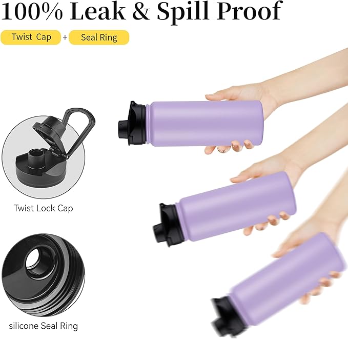 24 oz Insulated Water Bottle with Straw Lid & Wide Mouth Lids, Stainless Steel Sports Water Bottles, Double Walled Vacuum, Leak Proof, Purple
