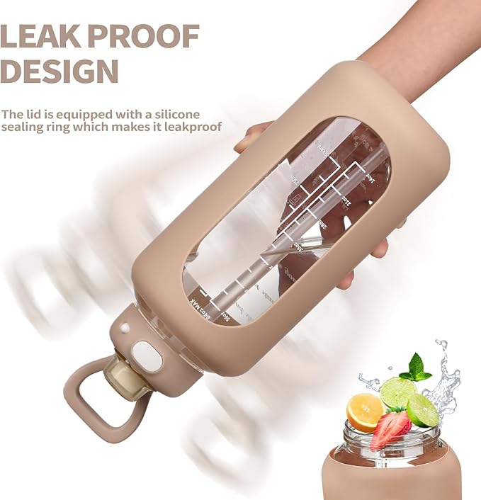 SIEROZUR 42 oz Glass Water Bottle with Straw and Handle, Large Sports Motivational Water Bottle Flask with Time Marker Leakproof Water Jug with Silicone Sleeve for Gym