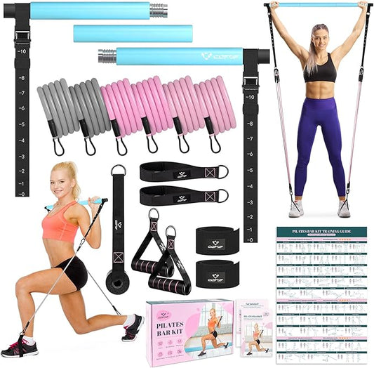 Pilates Bar Kit with Resistance Bands, Multifunctional Yoga Pilates Bar with Heavy-Duty Metal Adjustment Buckle, Portable Home Gym Pilates Resistance Bar Kit for Women Full Body Workouts