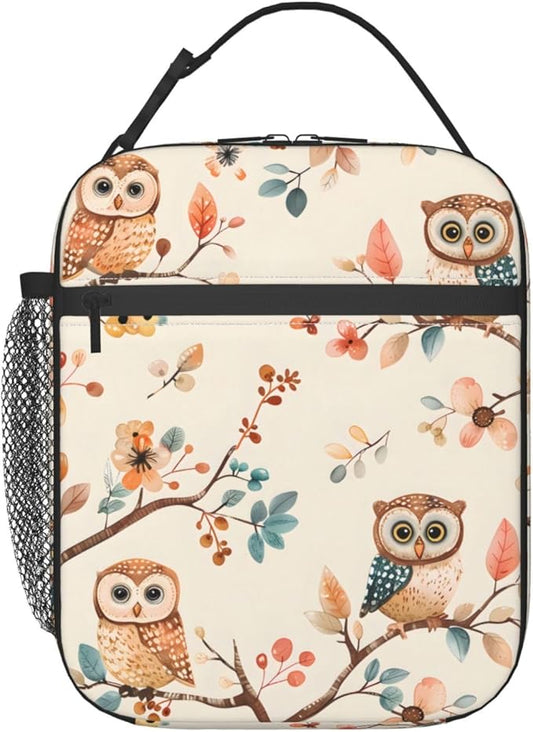 Cool Owl Lunch Box for Kids,Bird Insulated Bag for Student,Animal Reusable Thermal Insulation Cooler Tote Bags for School Work Picnic Camping Outdoor Gifts (Woodland Owl and Floral)