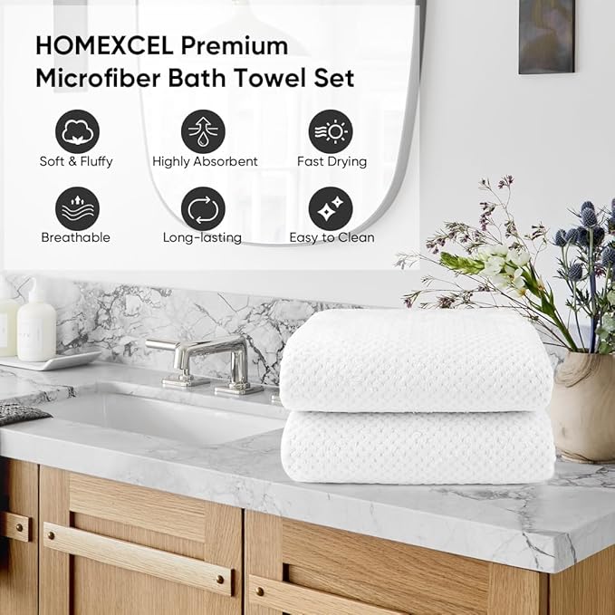 HOMEXCEL Bath Towels Pack of 4, (27 x 54 Inches) Microfiber Ultra Soft Highly Absorbent Bath Towel Set, Lightweight and Quick Drying Towels for Body, Sport, Yoga, SPA, Fitness, White