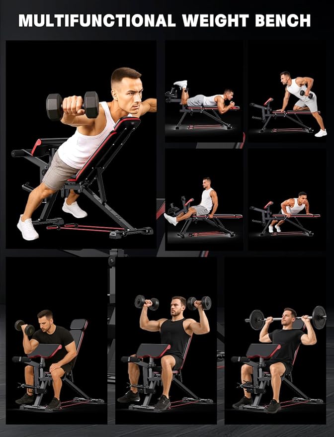 CRYSTAL FIT Adjustable Weight Bench, Professional Workout Bench with Leg Extension and Leg Curl, Heavy Duty Benches with Resistance Bands, Full Body Strength Training for Home Gym
