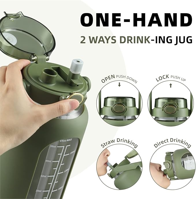 SIEROZUR 74oz Glass Water Bottle with Straw and Lid Large Gallon Water Jug with Silicone Sleeve and Handle 2.2 liter Wide Mouth Bottle with Time Marker for Gym Sports& Workout