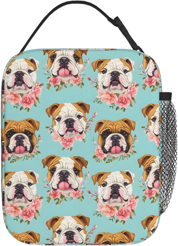 Cute Dog Lunch Box for Kids,Puppy Insulated Bag for Student,Pet Lovers Reusable Thermal Insulation Cooler Tote Bags for School Work Picnic Camping Outdoor Gifts (English Bulldog and Floral)
