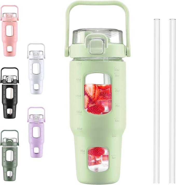 BLUEGO 32oz Glass Water Bottles with Straw Time Marker Half Gallon Large Motivational Water Bottle with Silicone Sleeve 2 Liter Large Glass Water Jug for Gym, Sports& Workout, Daily, Green