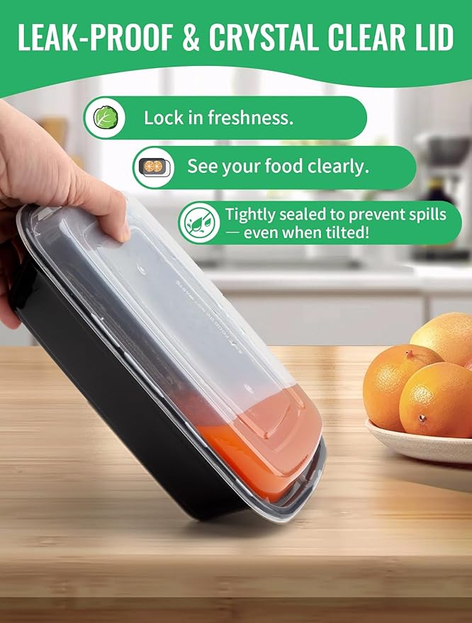 50 Pack Meal Prep Containers 32 oz – Reusable Plastic Food Storage with Lids, Leakproof, BPA-Free, Microwave Freezer Dishwasher Safe, To-Go Takeout Containers