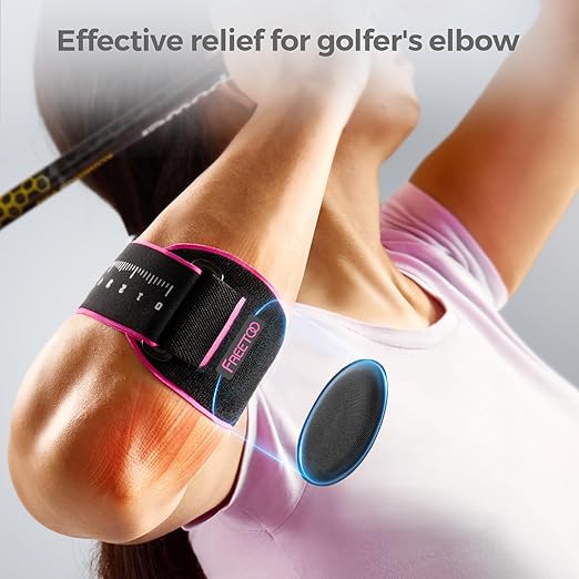 FREETOO Elbow brace for Tendonitis and Tennis Elbow for Women Men, Golfers Elbow Brace for Women for Pain Relief, Adjustable Tennis Elbow Support Band for Epicondylitis, Basketball, Exercise Pink S/M