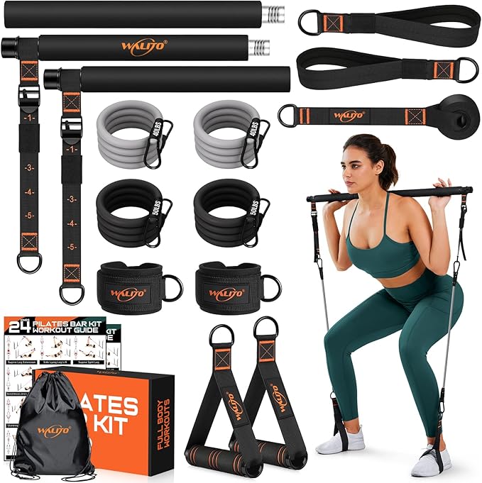 Pilates Bar Kit with Resistance Bands, 3-Section Multifunctional Yoga Pilates Bar with Metal Adjustment Buckle.Portable Pilates Equipment for Women & Men Full-Body Workouts at Home Gym