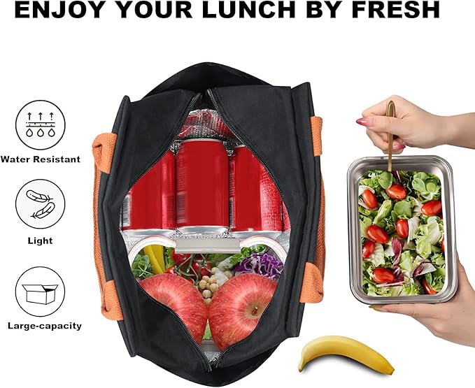 Joymee Lunch Bag Women Insulated Lunch Box Reusable Leakproof Large Spacious Cooler Tote for Women Men Adult with Bottle Holder and Side Pockets for Work Office Travel Picnic - Black