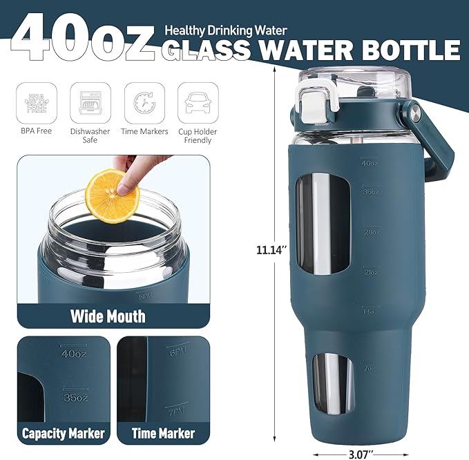 BLUEGO 40oz Glass Tumbler with Lid and Straw, Glass Water Bottles with Handle, Glass Cup with Time Marker and Silicone Sleeve, Fits Most Cup Holder, Leak-proof, Dark Blue