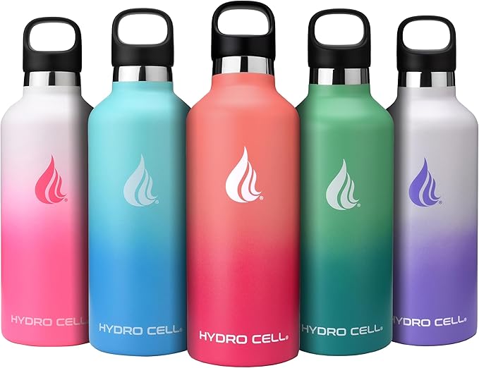 HYDRO CELL Stainless Steel Water Bottle with Straw & 2 Standard Mouth Lids (32oz 24oz 20oz 16oz) Keeps Liquids Hot or Cold w/Double Wall Vacuum Insulated Leak Proof Sport Design (Coral/Punch 32oz)