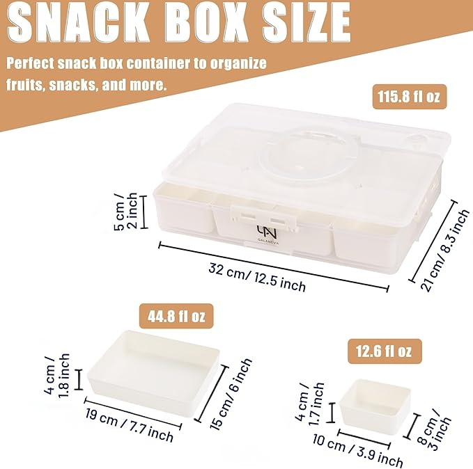 Snackle Box Container - 10 Compartments Including 2 XL, Dishwasher & Microwave Safe, Divided Serving Tray with Lid and Handle, BPA-Free, snack box (1 PCS, White, 1 Box with 2 XL Compartments)