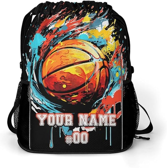 Custom Basketball Drawstring Backpack - Cool Cinch Sack, String Backpacks with Pocket for Kids Women Men Boys Girls for Gym Outdoor Sports Travel Athletic Drawstring Bag - Lightweight/Foldable