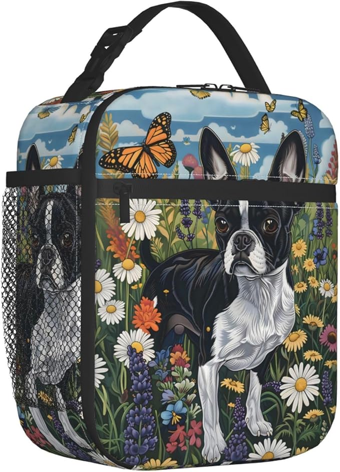 Cute Dog Lunch Box for Kids,Puppy Insulated Bag for Student,Pet Lovers Reusable Thermal Insulation Cooler Tote Bags for School Work Picnic Camping Outdoor Gifts (Boston Terrier and Butterfly)