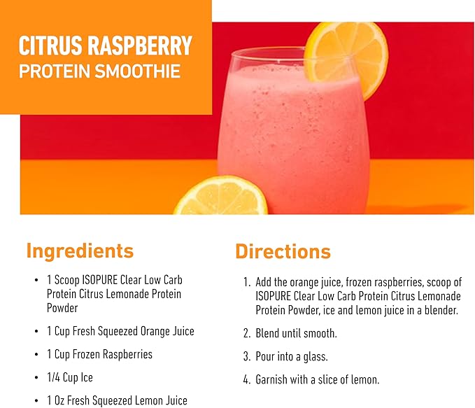 Isopure Clear Whey Isolate Protein Powder Infusions, Lactose Free, Gluten Free, Naturally Flavored, Citrus Lemonade, 20g Protein Per Serving, 1.9 Lb, 36 Servings