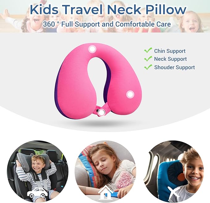 COOLBEBE Kids Travel Neck Pillow, Softly Double Support Neck Pillow for Car & Airplane, Traveling Gifts for Toddler & Children (1, Pinkish Purple)