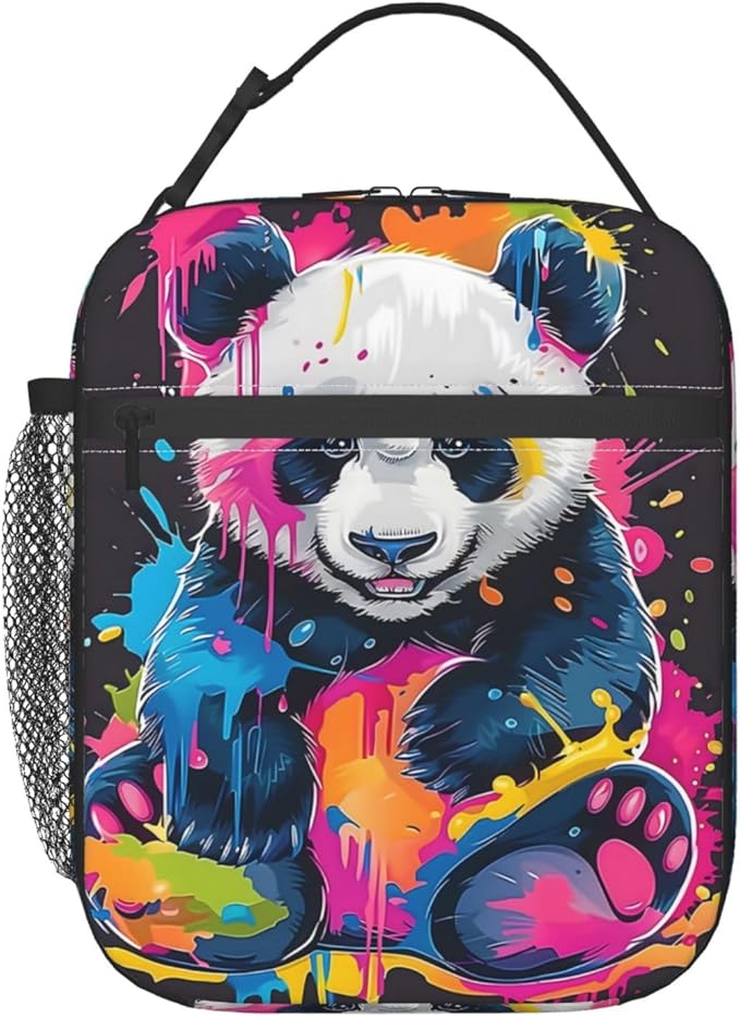 Funny Panda Lunch Box for Women Girls Boys Kids, Insulated Cooler Color Splash Panda Lunch Bag for School, Picnic, Office, Work, Travel, Portable Polyester Thermal Reusable Tote Lunch Bags