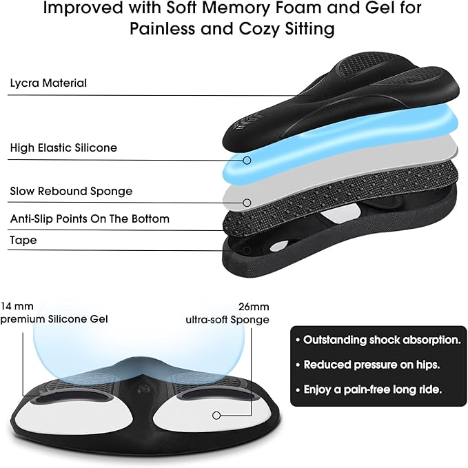 Bike Seat Cushion - Gel Bike Seat Cover Padded for Men & Womens Comfort, Soft Bicycle Saddle Compatible with Exercise Bike, for Indoor and Outdoor Cycling(Black)