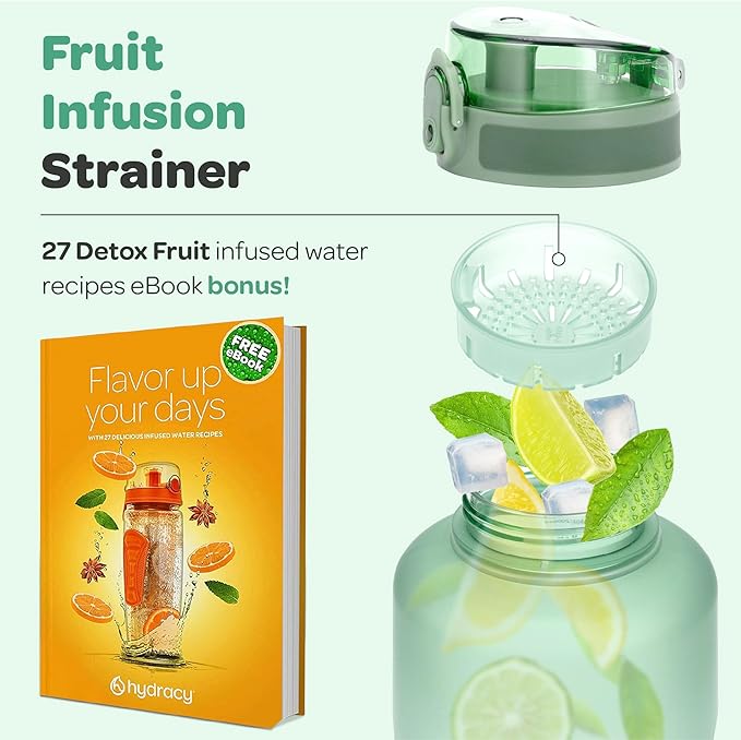 Hydracy Water Bottle with Time Marker -Large BPA Free Water Bottle & No Sweat Sleeve -Leak Proof Gym Bottle with Fruit Infuser Strainer & Times to Drink -Ideal for Fitness Sports & Outdoors