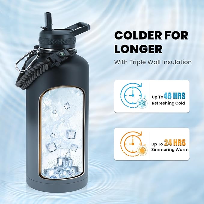 Insulated Water Bottle 87 oz, Triple Wall Vacuum Stainless Steel (Cold for 48 Hrs), Leak Proof & Non-BPA, Modern Water Flask Jug with Paracord Handle & Straw Spout Lids, Dark Grey