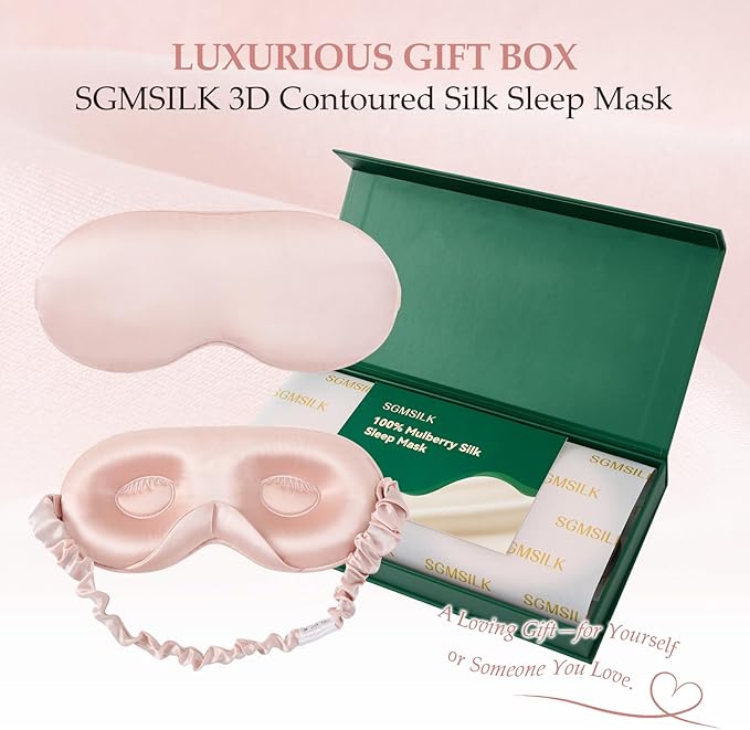 100% 22 Momme Mulberry Silk Sleep Mask with Adjustable Strap, 3D Contoured Cup Silk Eye Mask for Sleeping, Total Black Out, Pink