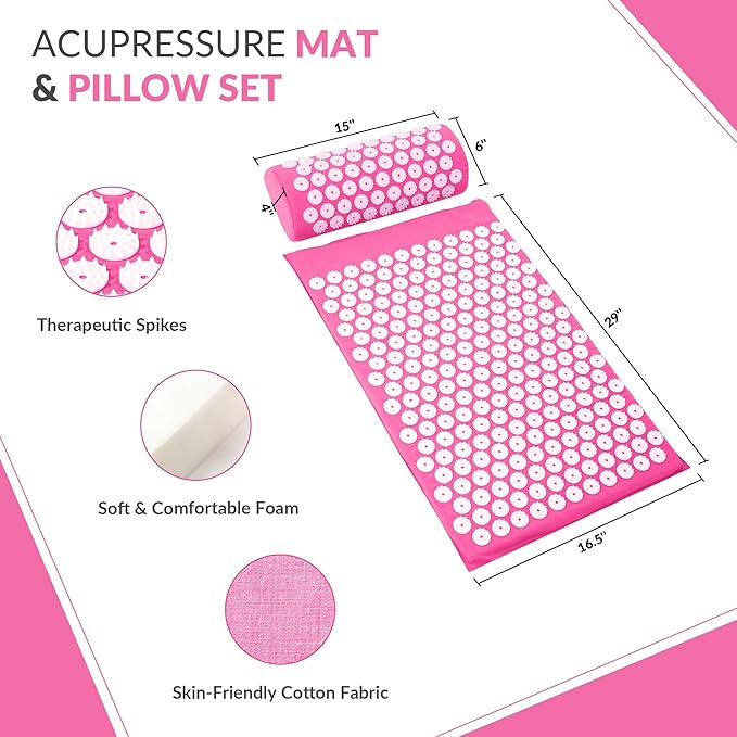 Fitvids Acupressure Mat and Pillow Set for Back/Neck Pain, Acupuncture Products to Relieve Muscle Fatigue, Improve Insomnia for Sedentary People, Acupuncture Eases Stress, Massage Mat, Pink