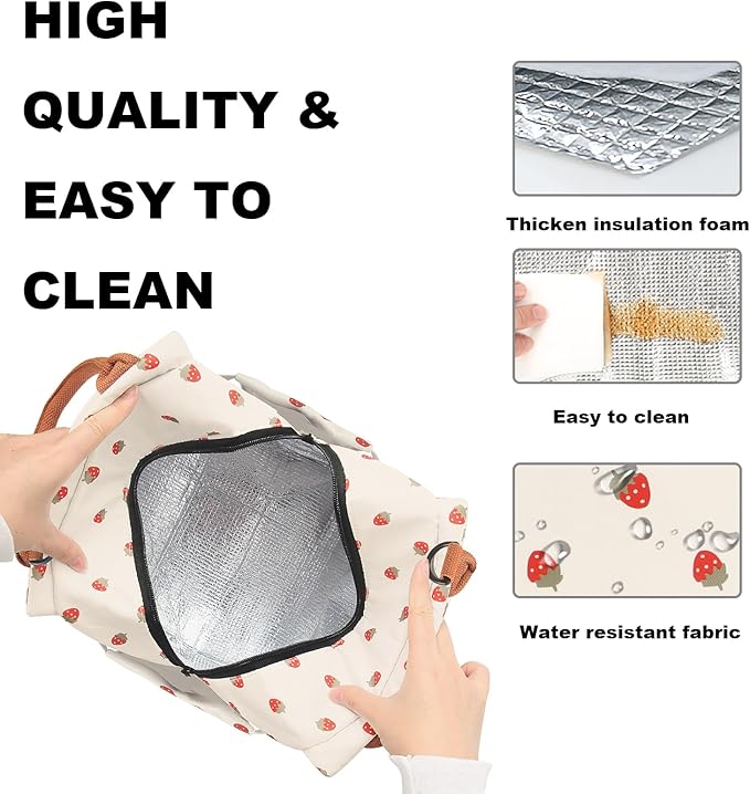 Joymee Lunch Bag Women Insulated Lunch Box with Adjustable Shoulder Strap Large Reusable Leakproof Spacious Cooler Tote for Women Men Adult with Bottle Holder and Side Pockets - Strawberry