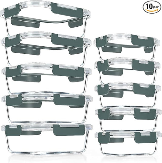 VERONES 10 Pack Glass Meal Prep Containers, Airtight Glass Lunch Containers, Stackable Glass Food Storage Containers Set with Lids,Exclusive of BPA,for Microwave, Oven, Freezer & Dishwasher,Grey