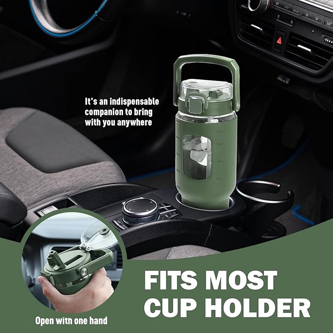 BLUEGO 40 oz Glass Water Bottle with Straw, Leakproof and Time Marker, Wide Mouth for Travel, Gym, Workout, Olive