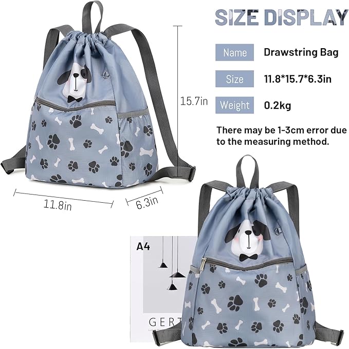 Children Boy Girl Dog Print Drawstring Backpack Outdoor Casaul Portable Shoulder Bag Swim Gymsack Sack Pack Grey