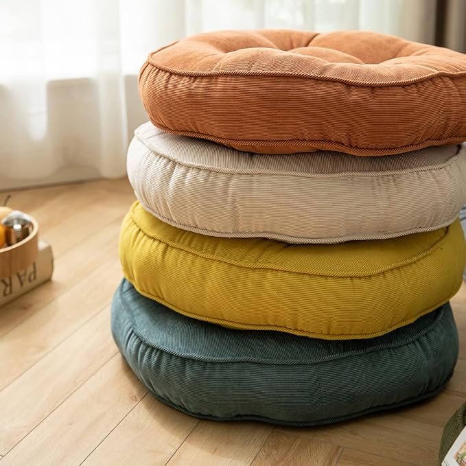 Corduroy Chair Pads Seat Cushion Soft Thicken Bedroom Living Room Floor Tatami Cushion Round Seat Pad for Kids Reading Adult Office,1 Count (Ivory,22"x22")