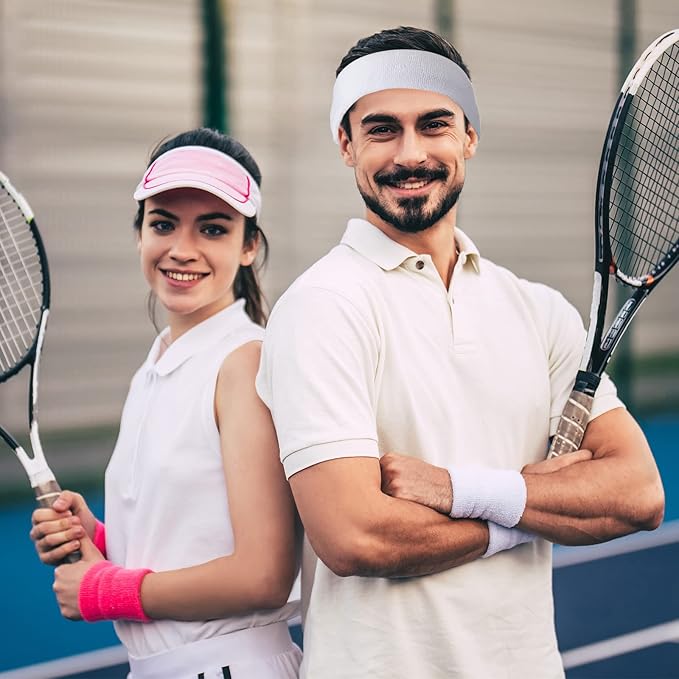 60 Pieces Sweatbands Set Includes 20 Sports Headband and 40 Wristbands Sweatbands Colorful Terry Cloth Wristbands for Working Out Tennis Gym 80s Sweat Band for Athletic Men and Women