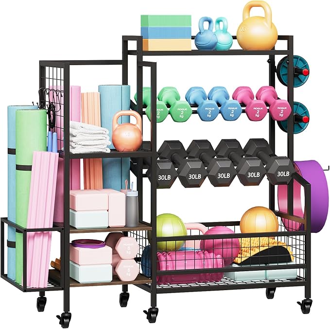 XL Dumbbell Rack Weight Stand – Adjustable Weight Storage Stand with Hooks for Home Gym, Kettlebells, Yoga Mat and Workout Equipment Heavy Duty Weight Rack with Wheels