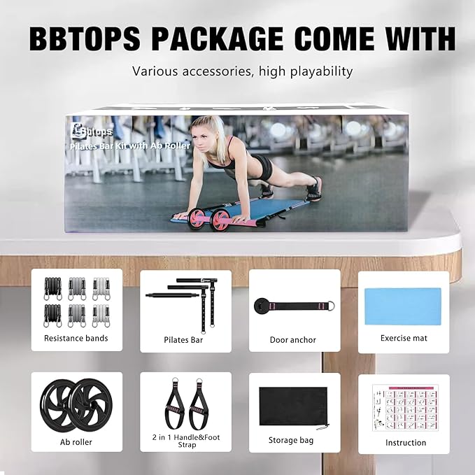 Pilates Bar Kit with Resistance Bands,Ab Roller,2 in 1 Foot Strap & Handle,Door Anchor Pilates Equipment with Resistance Bands, Portable Home Gym Yoga Fitness Bar for Women & Men