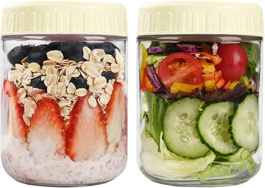 Overnight Oats Containers with Lids, 16oz Glass Jars with Lids 2 pcs, Milk White, Wide Mouth Mason jars for Salad, Yogurt, Snacks, Meal Prep