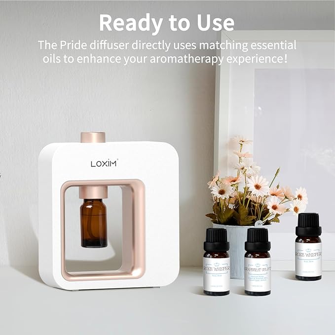 LOXIM Pride Aromatherapy Diffuser with Daytime Calm Collection Essential Oil Blends, Waterless Diffuser with Essential Oils, No Heat, Quiet, Battery Operated for Living Room Office Home Car (White)